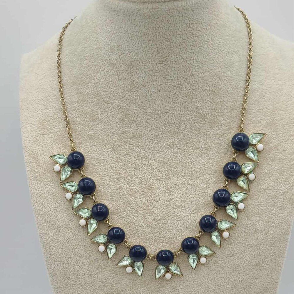 J Crew Navy Resin Light blue Green Crystal Statement Necklace NWOT!  NEW!